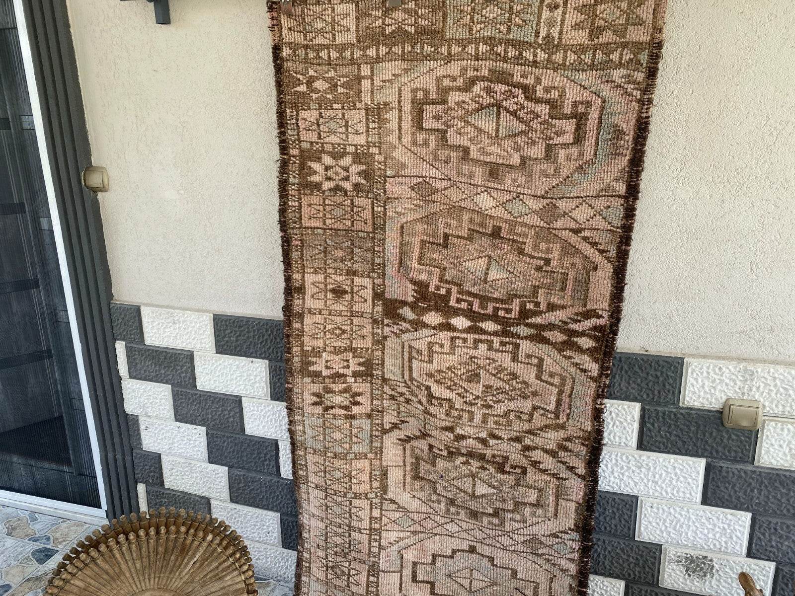 Vintage Kurdish Herki Rug | 1960s Brown Anatolian Hand-Knotted Wool Runner Rug