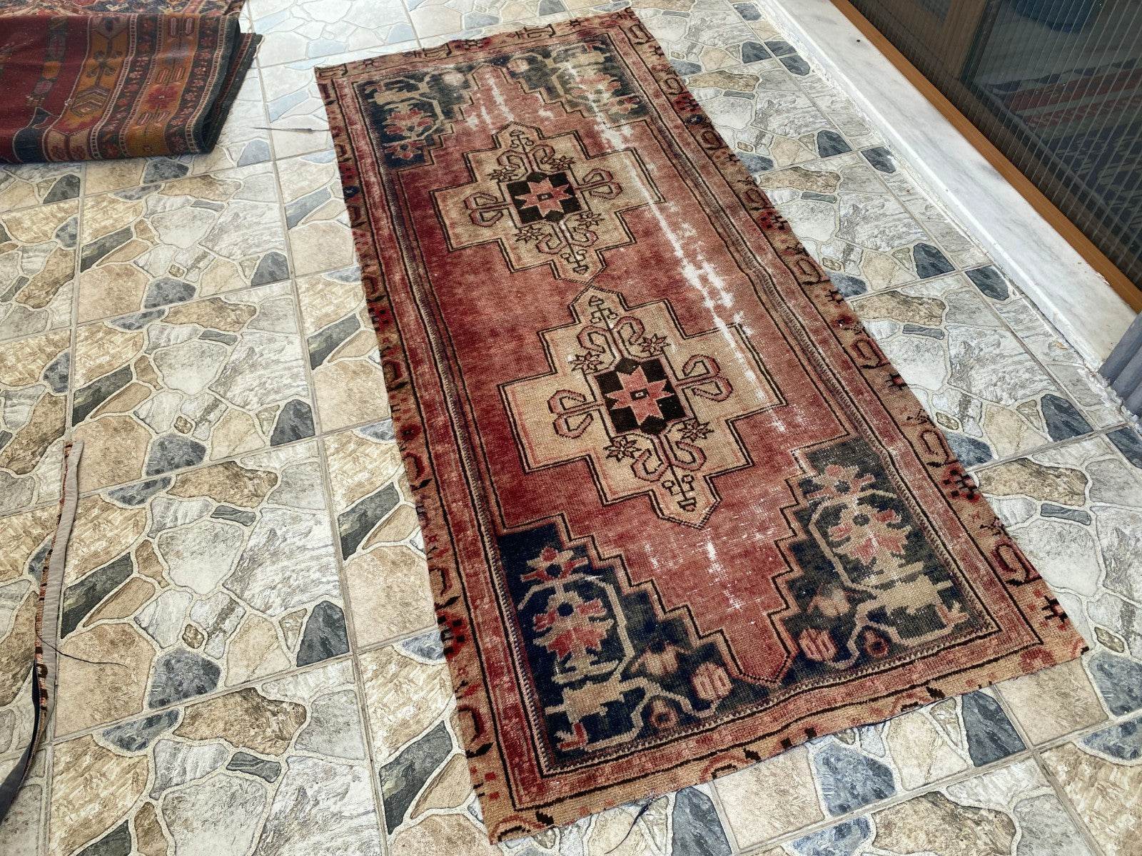Vintage Anatolian Area Rug | 3.0x6.7 ft Hand-Knotted Wool Faded Rustic Geometric