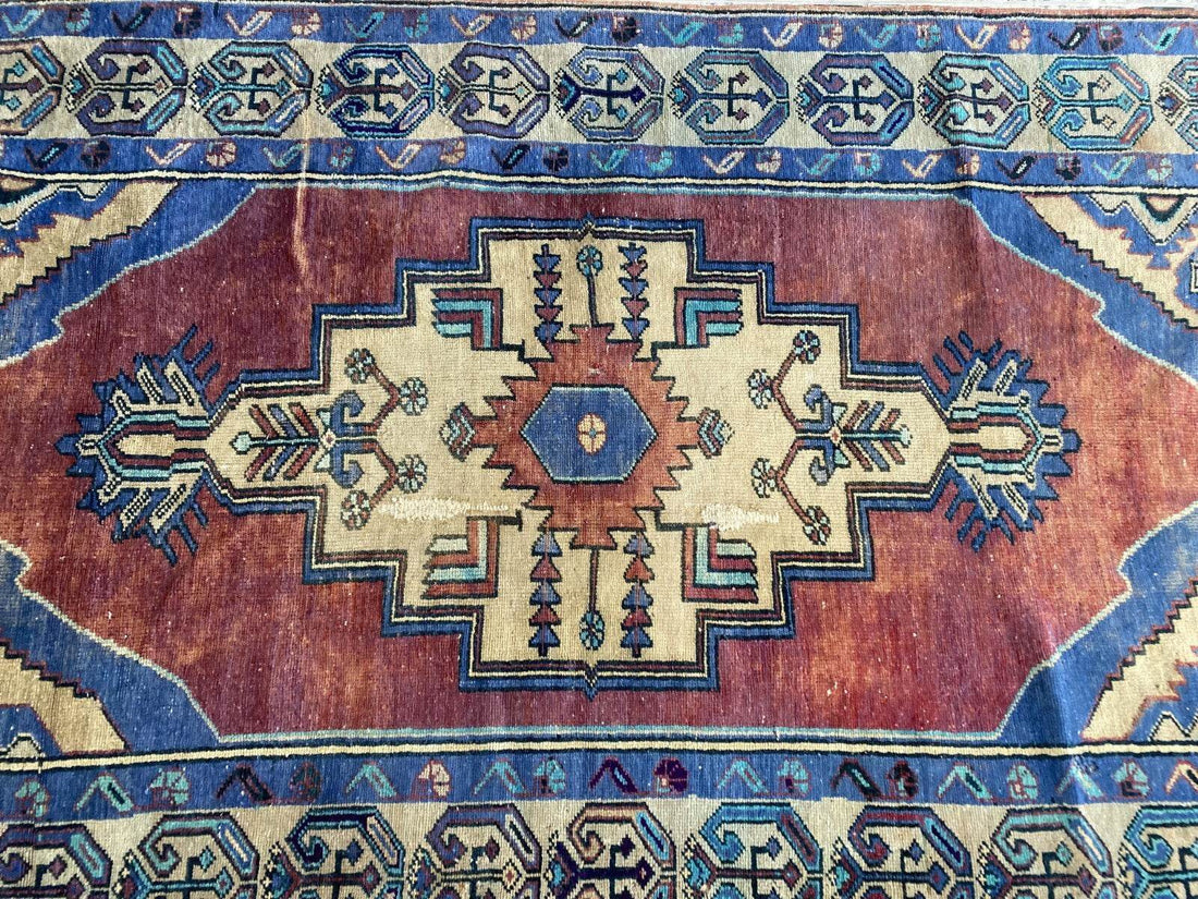 Pre 1950's Vintage Turkish Rug | Antique Tribal Handmade Wool Carpet 3.9x7.1 ft
