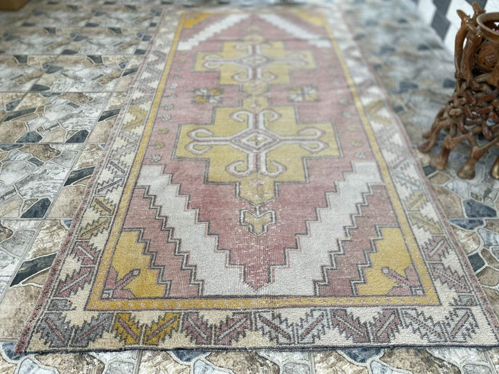 Vintage Turkish Oushak Rug, 4 x 8 ft Handmade Pink Wool Antique Tribal Area Rug