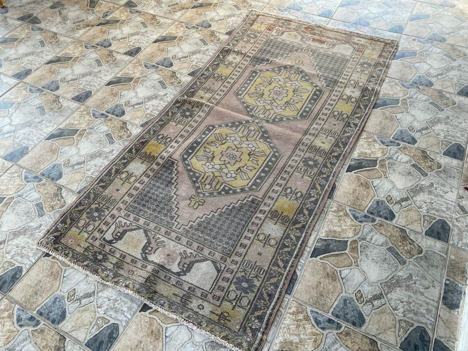 Geometric Turkish Vintage Rug | Handwoven Anatolian Area 1960s Wool Authentic