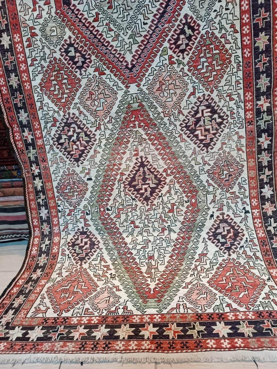 Vintage Persian Style Silk Soumak Rug, Hand-Woven Flatweave | Geometric Area Rug Deco