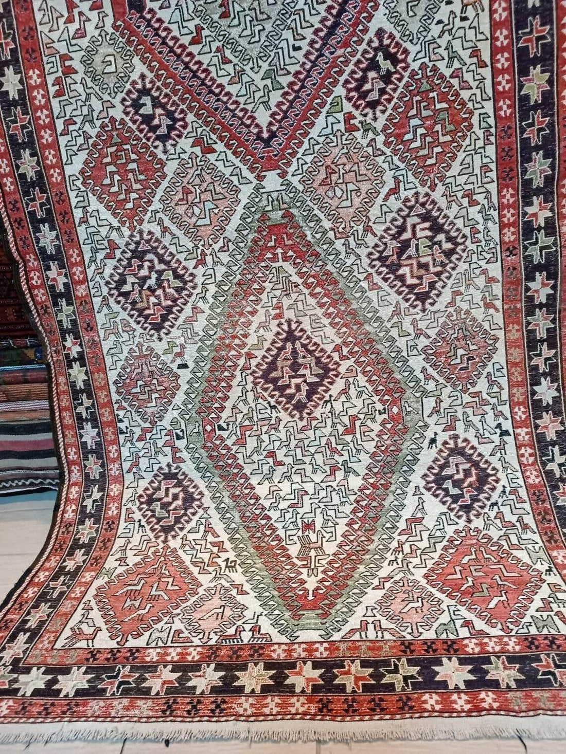 Vintage Persian Style Silk Soumak Rug, Hand-Woven Flatweave | Geometric Area Rug Deco