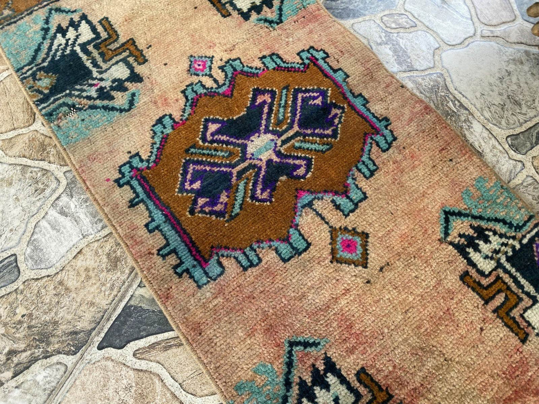 Vintage Turkish Rug 1.2x3 ft Tribal Medallion Hand-Knotted Wool Small 1970s Rug