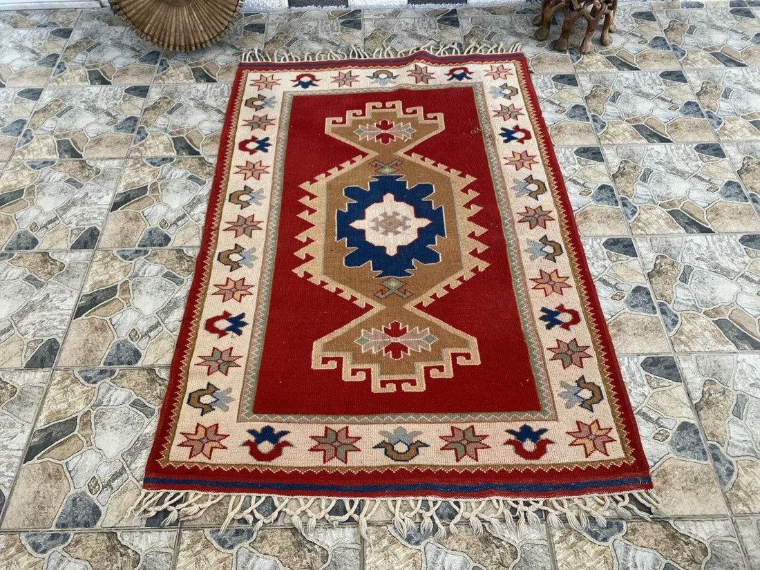 Geometric Turkish Vintage Rug,Farmhouse Handmade Anatolian Village Rug 4.2x6.2ft