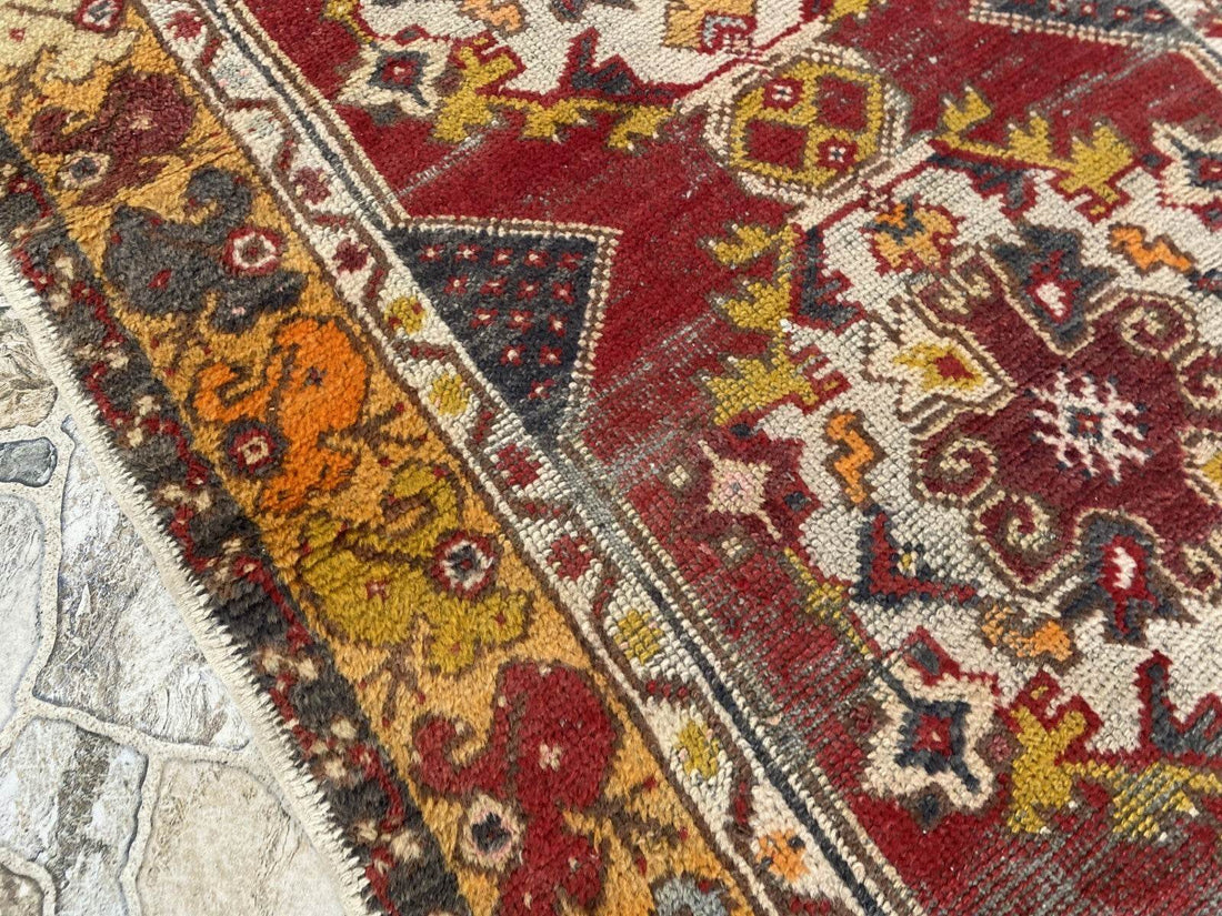 Vintage Turkish Wool Rug - Handmade Antique Red Oushak Kurdish Runner Rug 3x9 ft