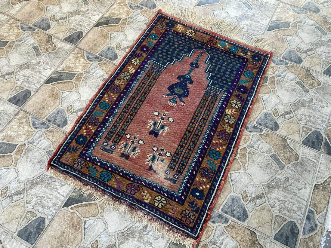 Vintage Turkish Oushak Rug, 2 x 3 ft Pink Handmade Wool Antique Tribal Small Rug