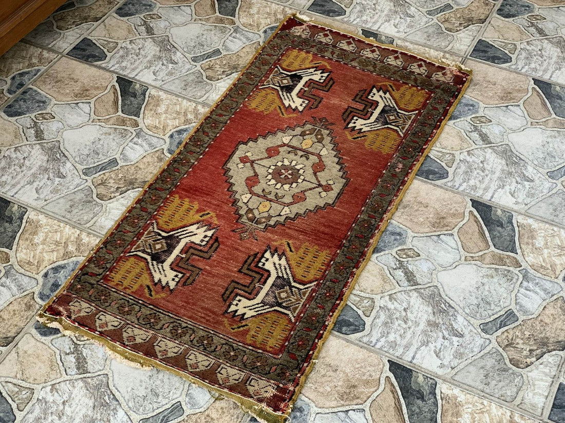 Turkish Vintage Small Oushak Rug, Wool Farmhouse Handmade Geometric Rug, 1.7x3.4