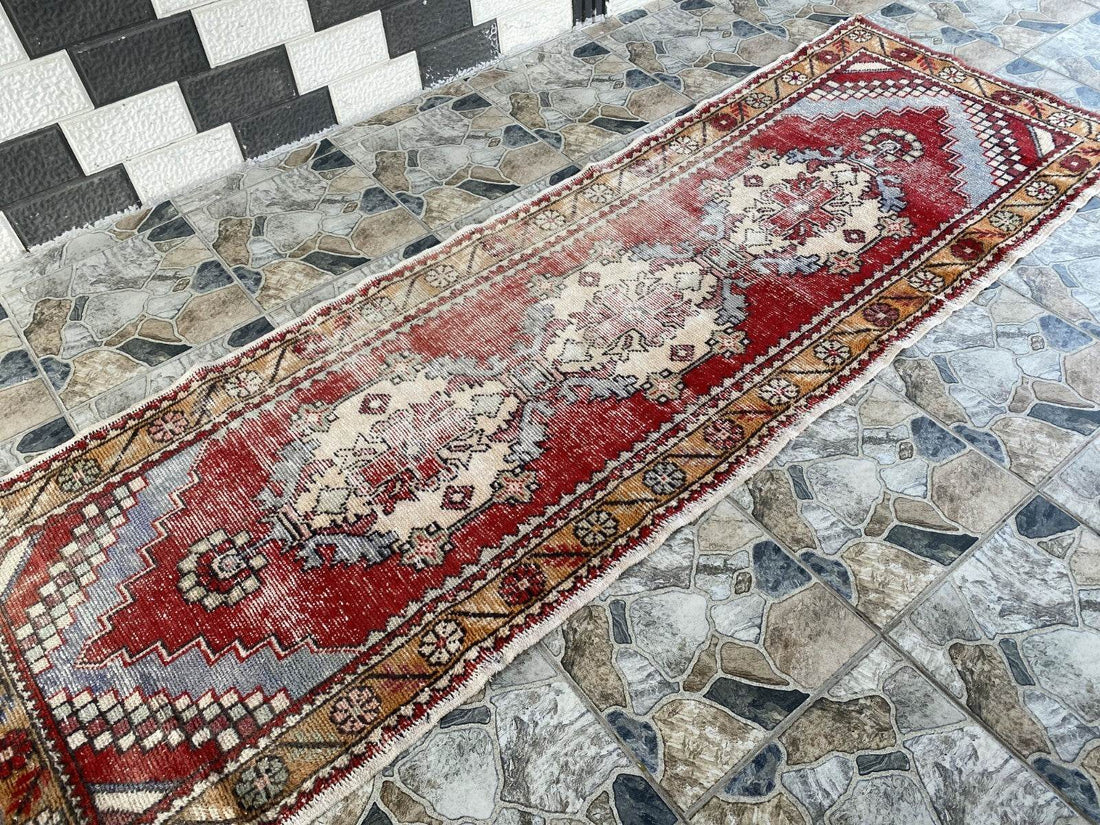 Vintage Turkish Oushak Rug, 3 x 9 ft Red Handmade Wool Antique Tribal Runner Rug