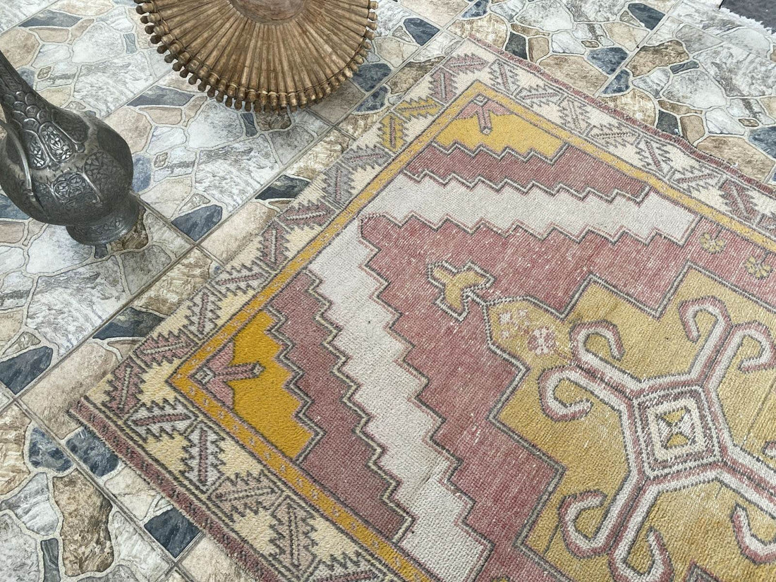 Vintage Turkish Oushak Rug, 4 x 8 ft Handmade Pink Wool Antique Tribal Area Rug