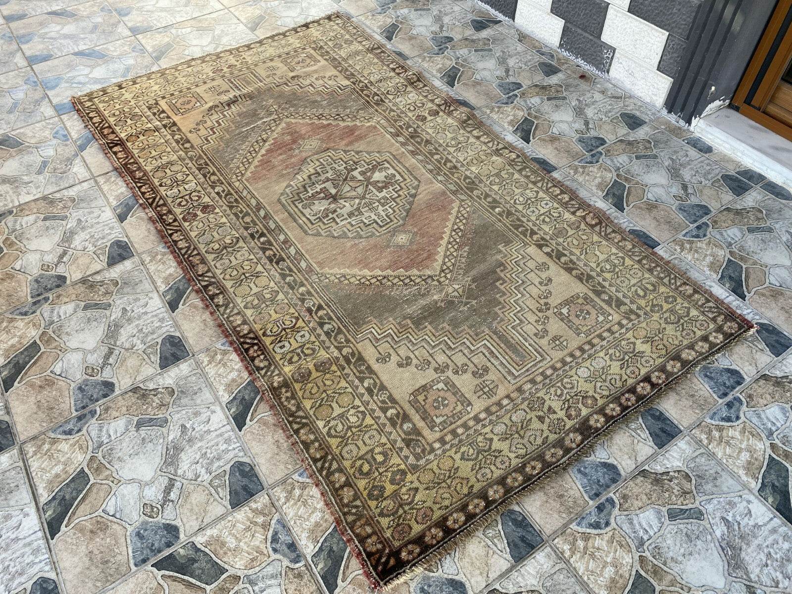 Vintage Turkish Oushak Rug, 4 x 7 ft Red Handmade Wool Antique Tribal Area Rug