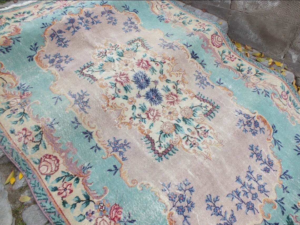 Large Turkish Vintage Oushak Rug, Farmhouse Handmade Wool Geometric 6.4x9.6 Ft