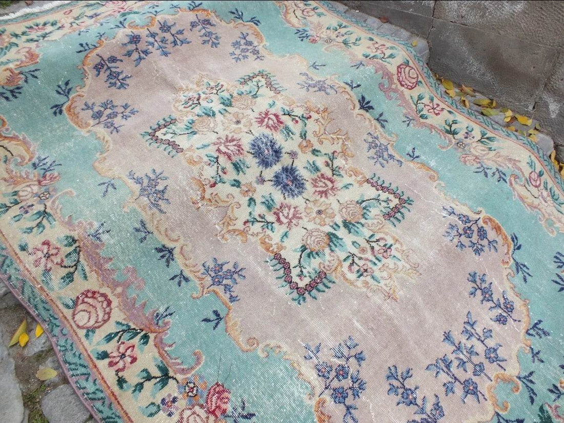 Large Turkish Vintage Oushak Rug, Farmhouse Handmade Wool Geometric 6.4x9.6 Ft