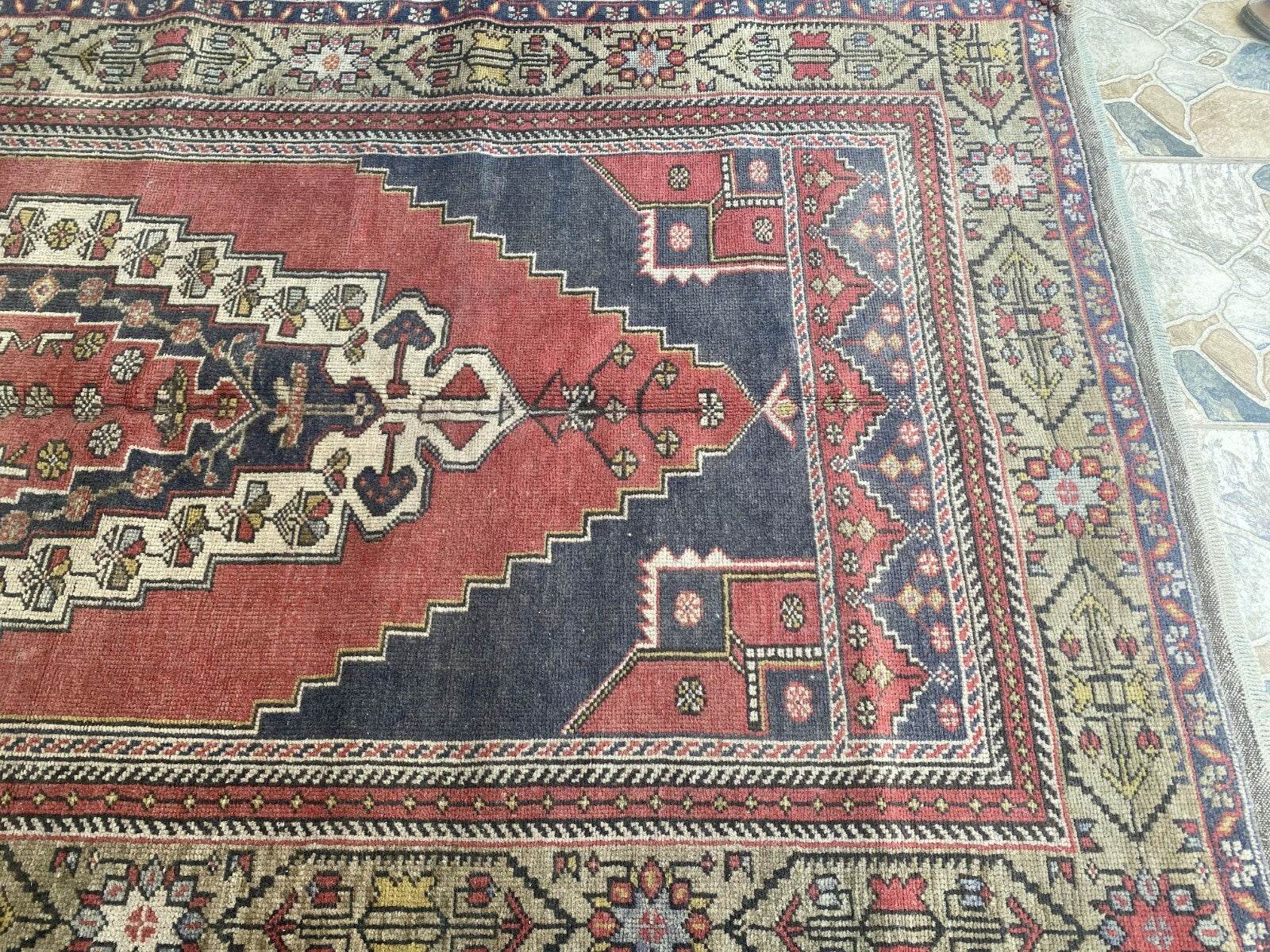 Vintage Turkish Oushak Rug, 5.0x9.7 ft Red Handmade Wool Antique Tribal Area Rug
