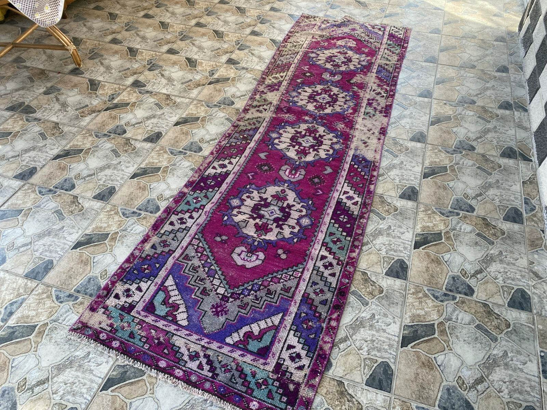 Geometric Turkish Vintage Rug,Farmhouse Handmade Anatolian Runner Rug 2.9x9.4 ft