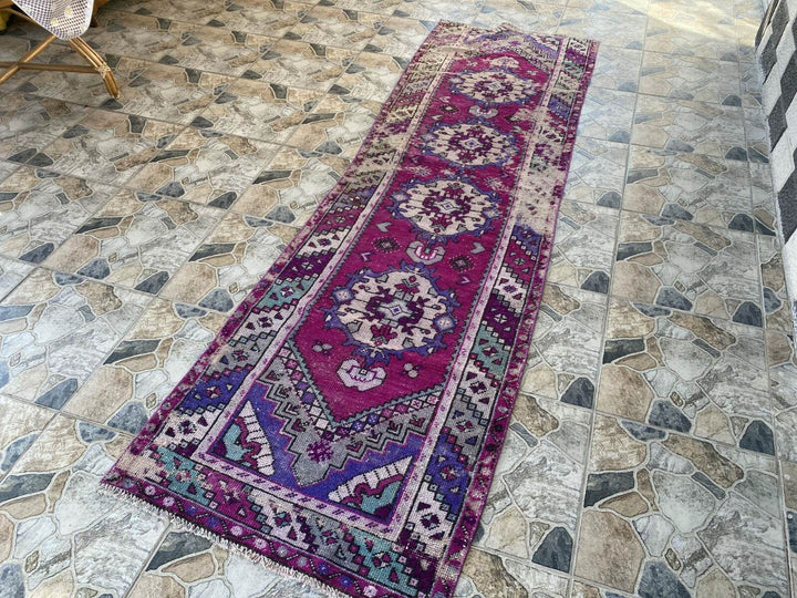 Geometric Turkish Vintage Rug,Farmhouse Handmade Anatolian Runner Rug 2.9x9.4 ft