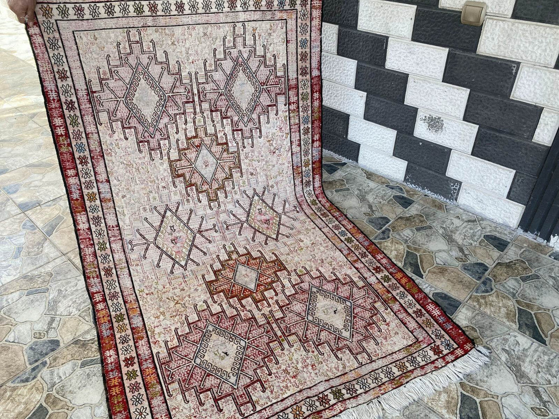 Vintage Persian Rug 3x6 ft, 1980s Wool Handmade Soumak Tribal Geometric Antique