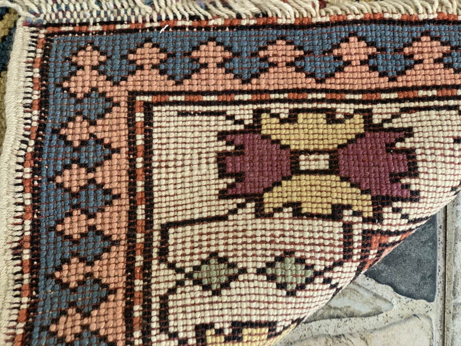 Vintage Handmade Turkish Wool Rug Anatolian Farmhouse Geometric Oushak 4.1x5.4ft