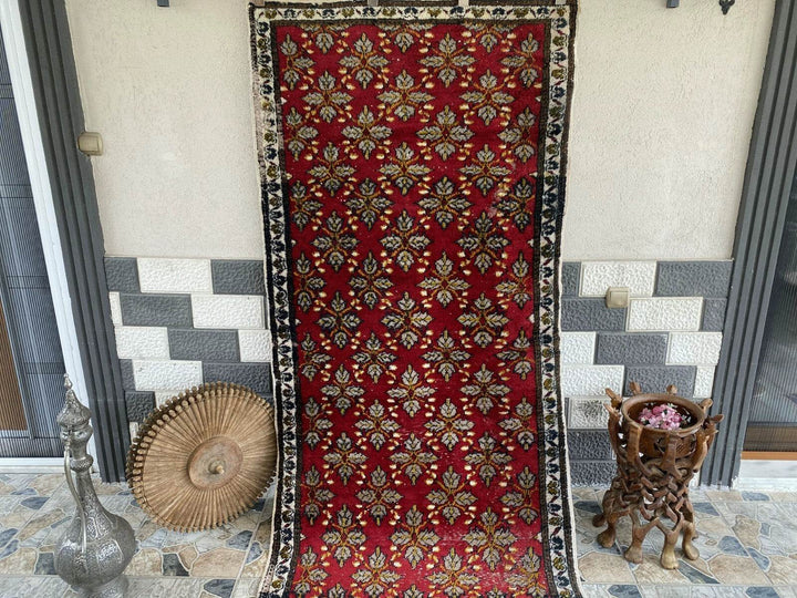 Vintage Turkish Runner Rug 3x9 ft | Hand-Knotted Wool Boho Rug Red Floral Carpet