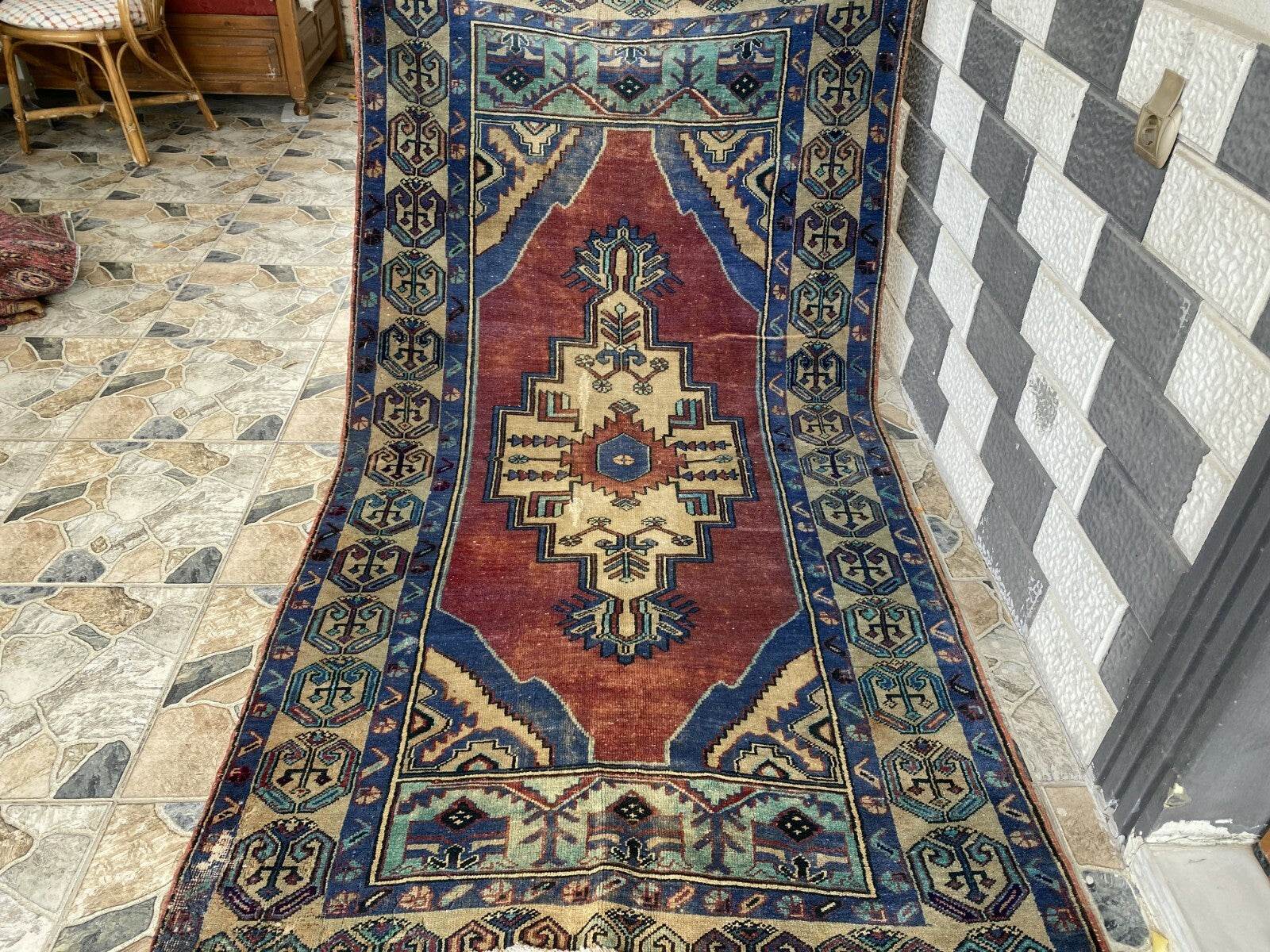 Pre 1950's Vintage Turkish Rug | Antique Tribal Handmade Wool Carpet 3.9x7.1 ft