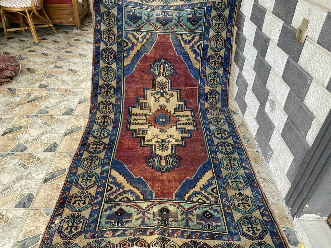 Pre 1950's Vintage Turkish Rug | Antique Tribal Handmade Wool Carpet 3.9x7.1 ft