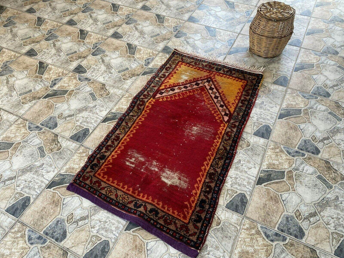 Vintage Turkish Prayer Rug, Wool Hand-Knotted Oushak Antique Farmhouse Rug 2x3