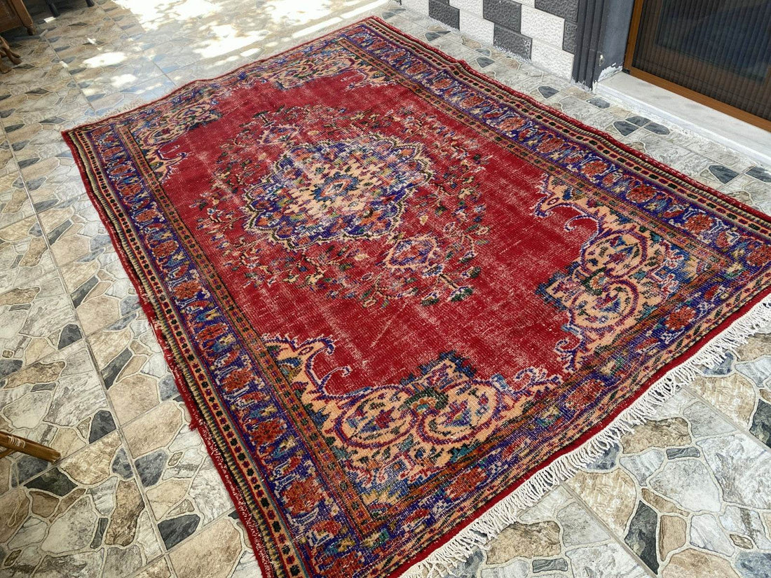Large Vintage Wool Rug | 6.1 x 9.2 ft Faded Anatolian Carpet Hand-Knotted Carpet