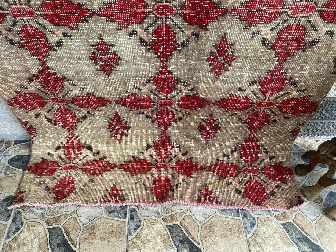 Vintage Turkish Area Rug 4x7 ft | Hand-Knotted Wool Carpet Bold Geometric Tribal