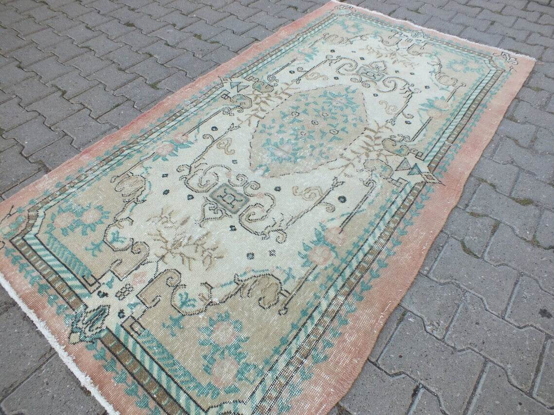 Vintage Oushak Farmhouse Rug, Turkish Anatolian Handknotted Wool Area 3.9x7.3 ft