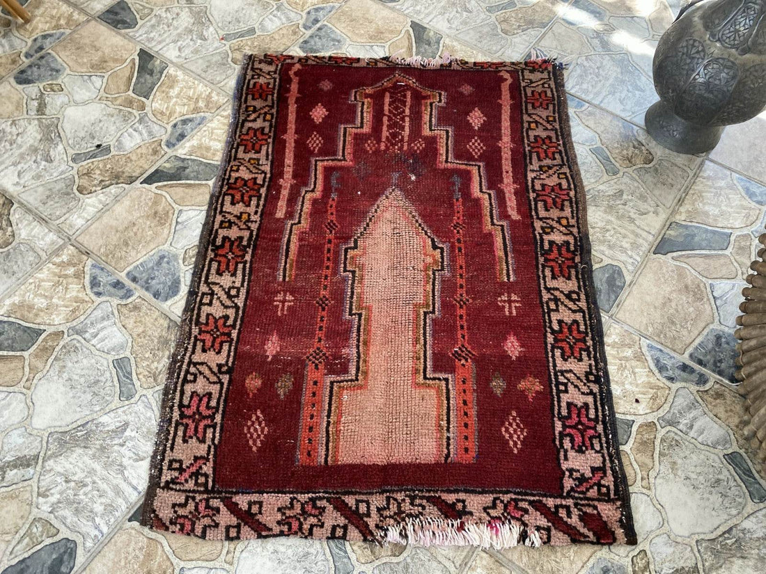 Distressed 2x3 ft Anatolian Rug | Vintage Authentic Hand-Knotted Wool Prayer Rug