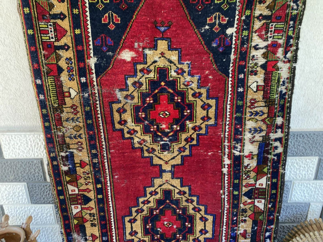 Vintage Turkish Tribal Rug | 3 x 9 ft Farmhouse Hand-Knotted Wool Geometric Rug