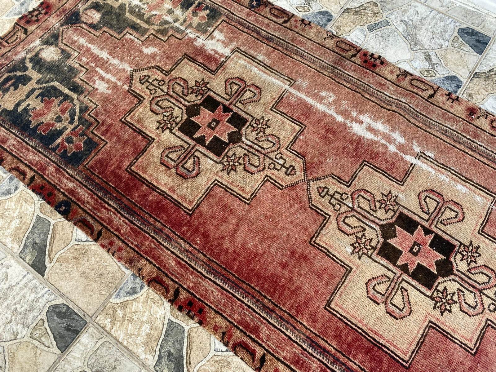 Vintage Anatolian Area Rug | 3.0x6.7 ft Hand-Knotted Wool Faded Rustic Geometric