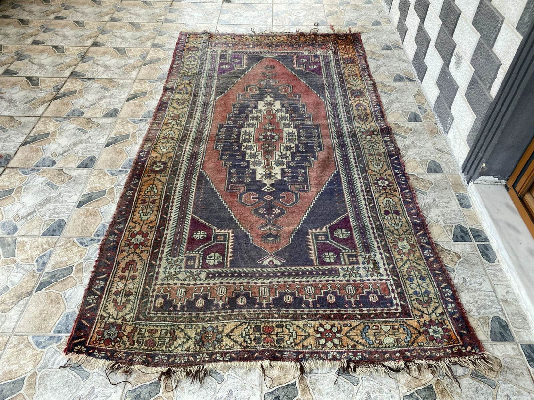 Vintage Turkish Wool Rug, Hand-Knotted Antique Geometric Oushak Area Rug 4x8 ft