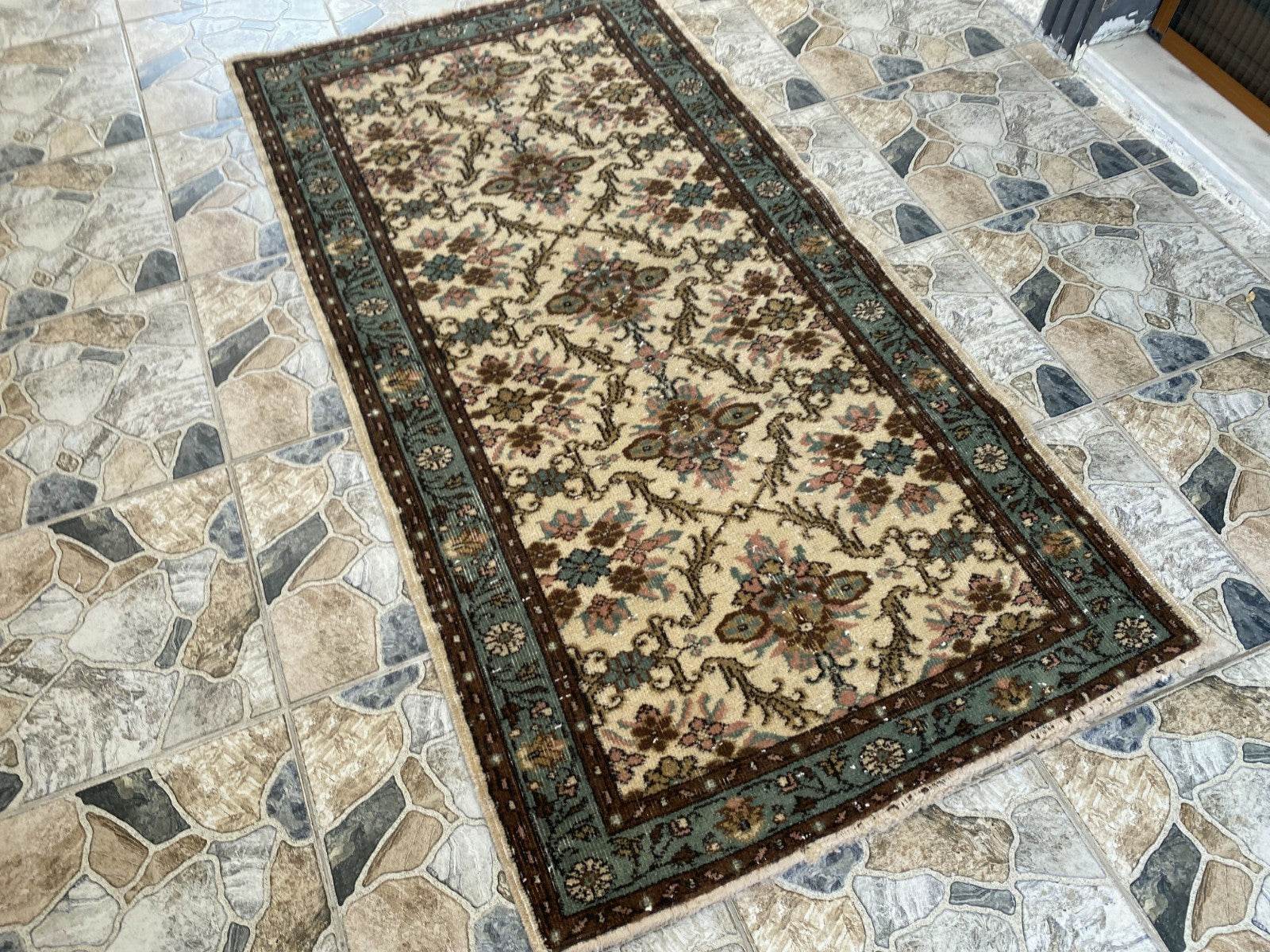 Vintage Anatolian Area Rug, 3.3x6.3 ft Hand-Knotted Wool Faded Rustic Geometric