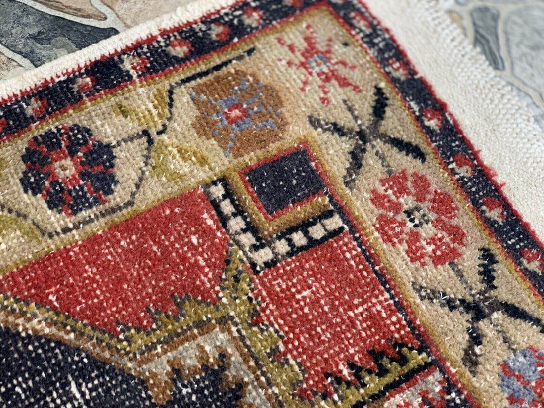 Vintage Oushak Geometric Rug, Handmade Turkish Anatolian Wool Carpet 4.2x8.6