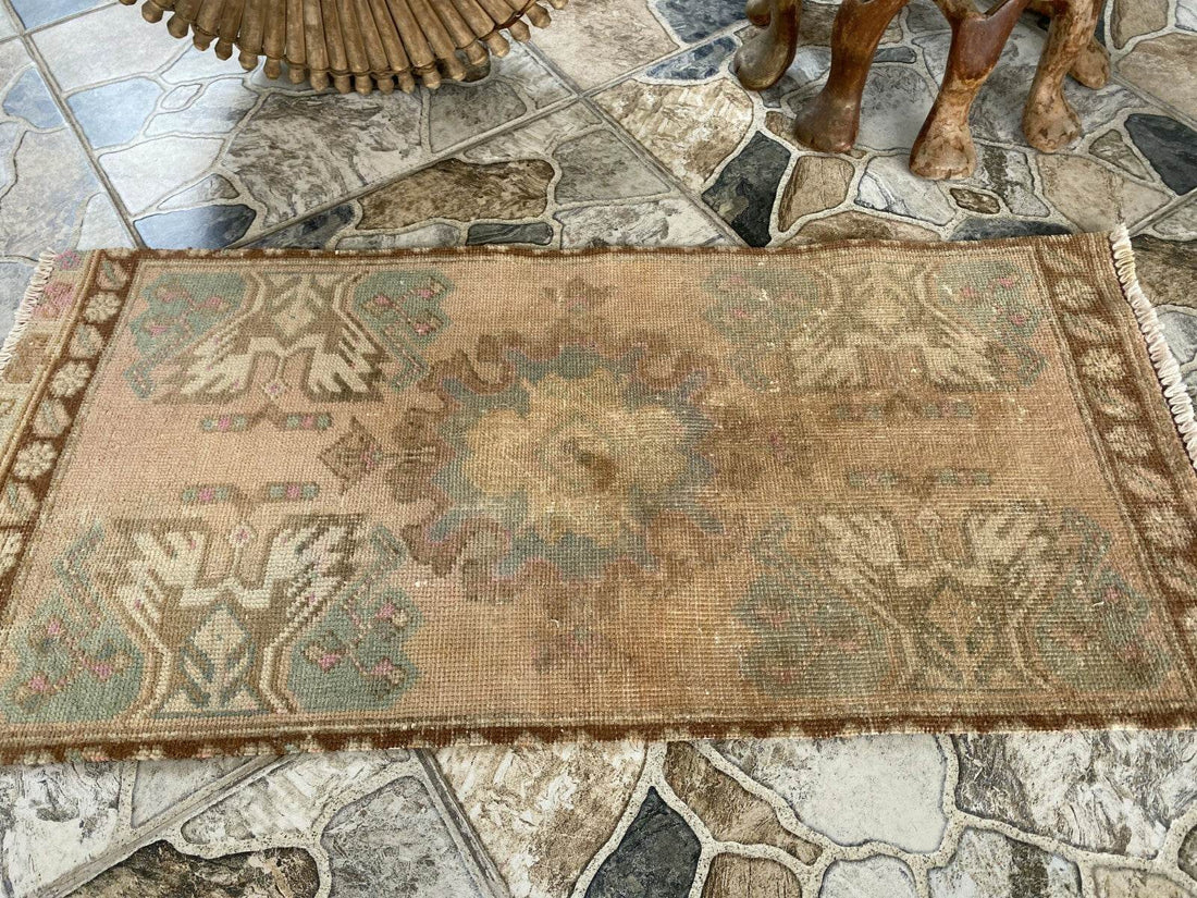 Distressed Vintage Turkish Rug Faded Pastel Wool Boho Accent Mat Runner 1x3 ft