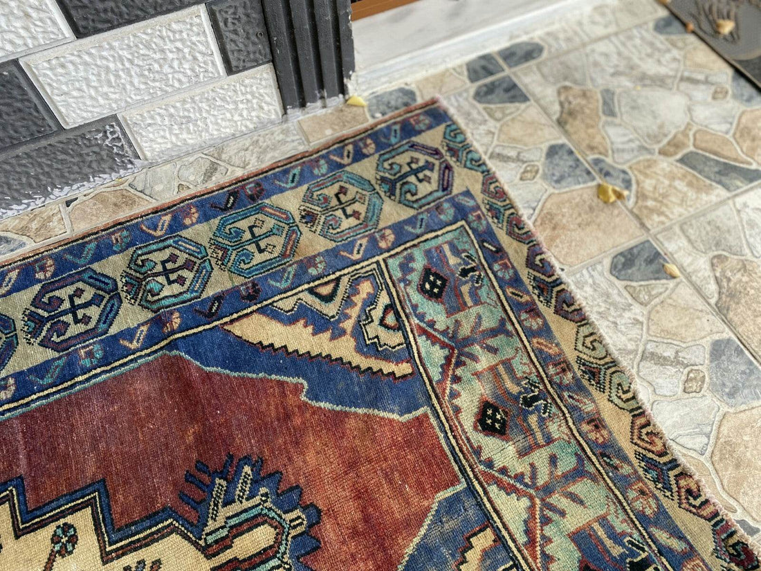 Pre 1950's Vintage Turkish Rug | Antique Tribal Handmade Wool Carpet 3.9x7.1 ft