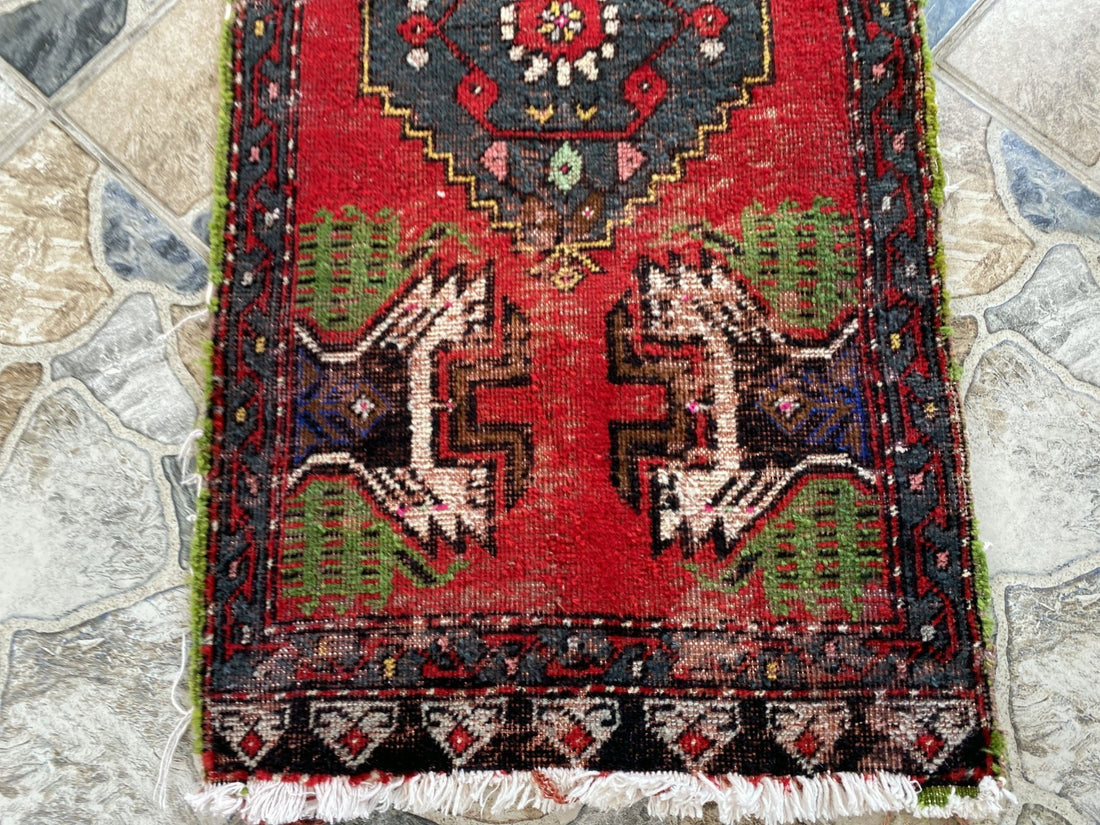 Vintage Turkish Small Rug | 1.6 x 3.3 ft Hand-Knotted Wool | Red Geometric Mat