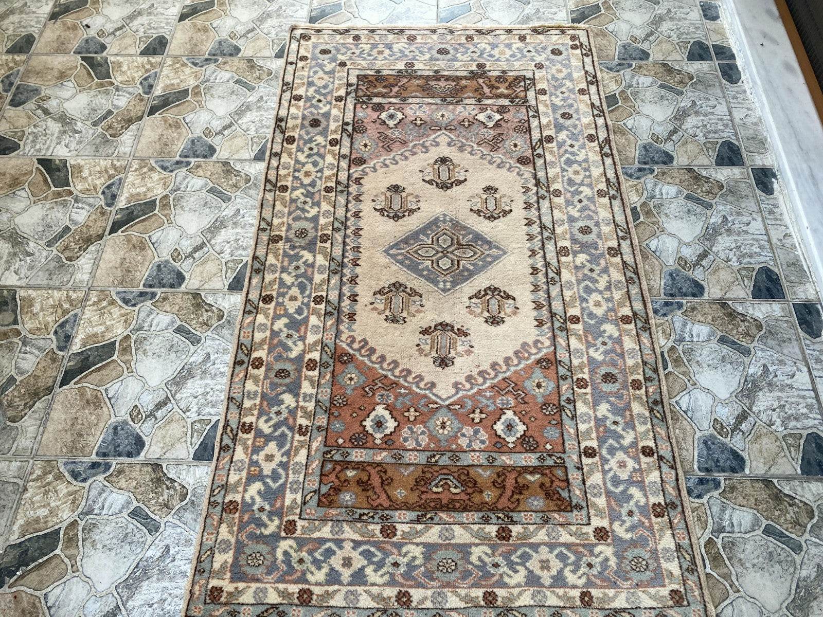 Vintage Kula Area Rug | 3.4 x 6.0 ft Hand-Knotted Wool Antique Farmhouse Carpet