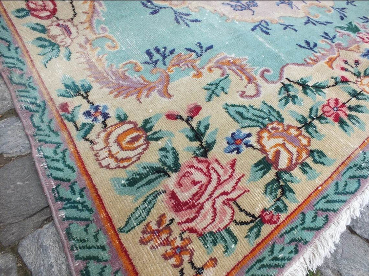 Large Turkish Vintage Oushak Rug, Farmhouse Handmade Wool Geometric 6.4x9.6 Ft