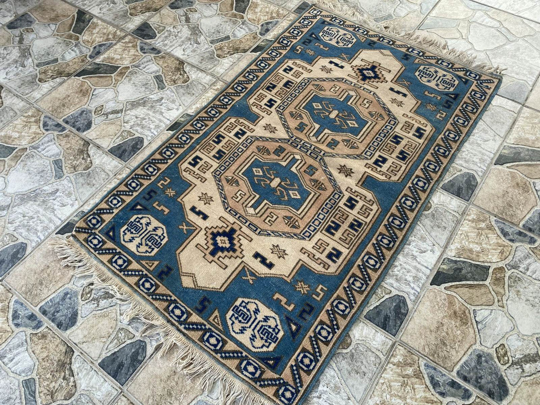 Vintage Turkish Wool Rug, Hand-Knotted Antique Geometric Oushak Small Runner 2x4