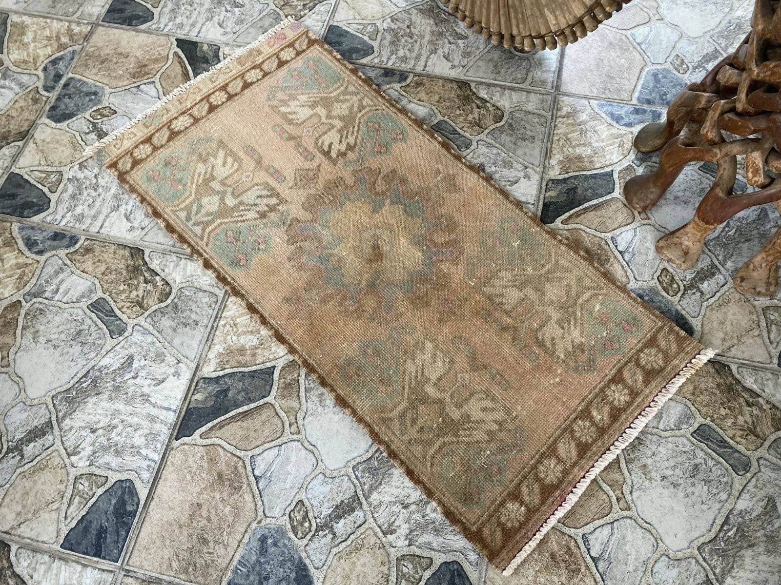 Distressed Vintage Turkish Rug Faded Pastel Wool Boho Accent Mat Runner 1x3 ft