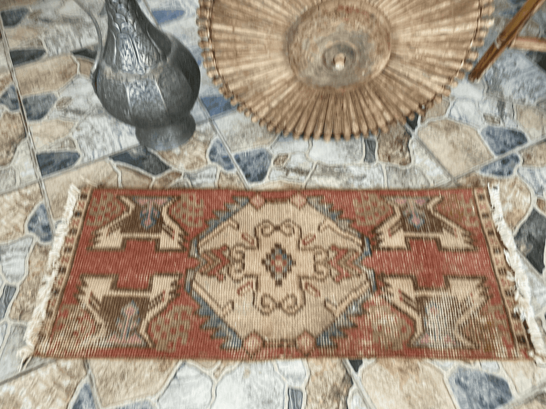 Vintage Turkish Wool Rug, Hand-Knotted Antique Geometric Oushak Small Runner 1x3