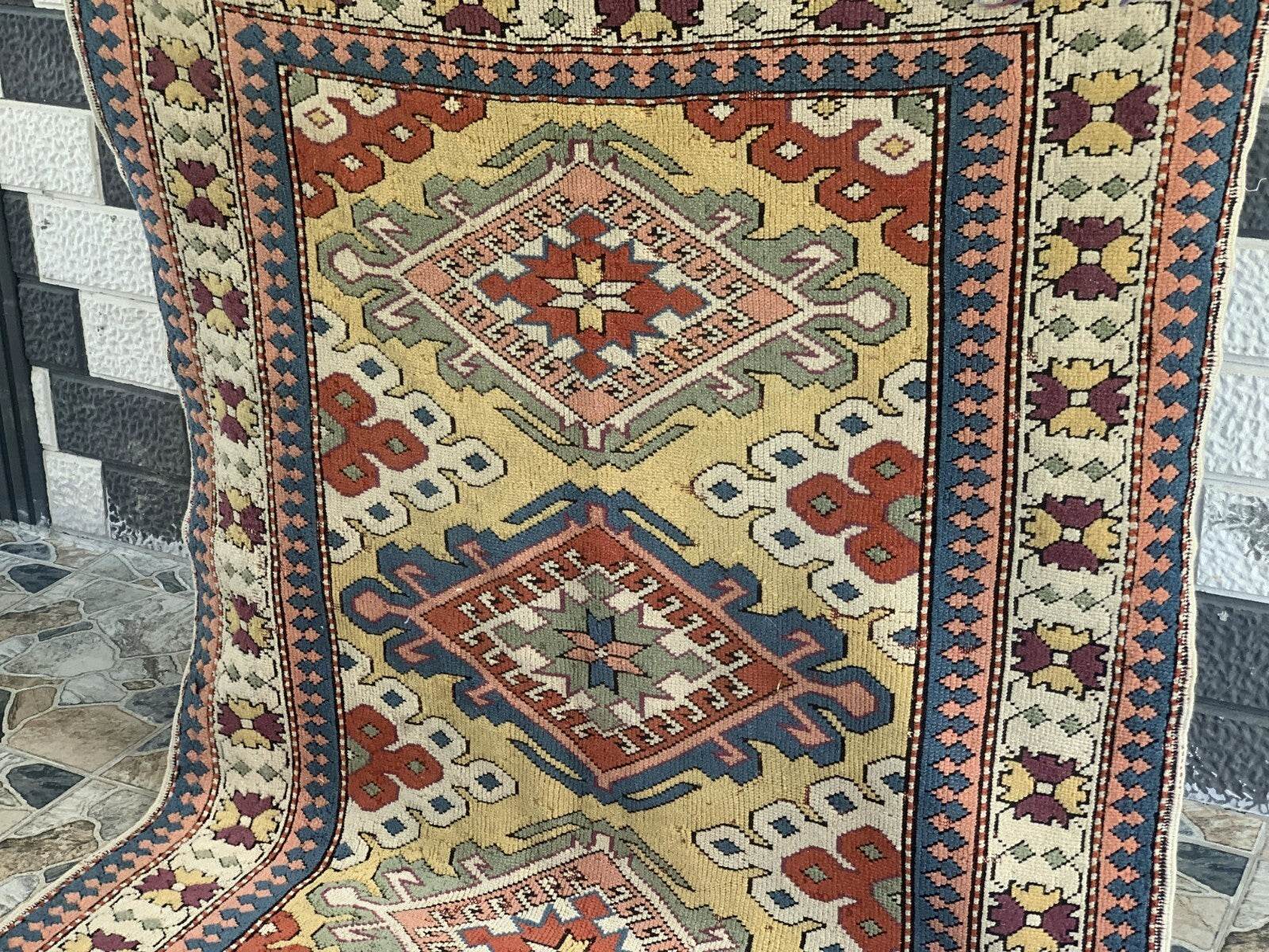 Vintage Handmade Turkish Wool Rug Anatolian Farmhouse Geometric Oushak 4.1x5.4ft