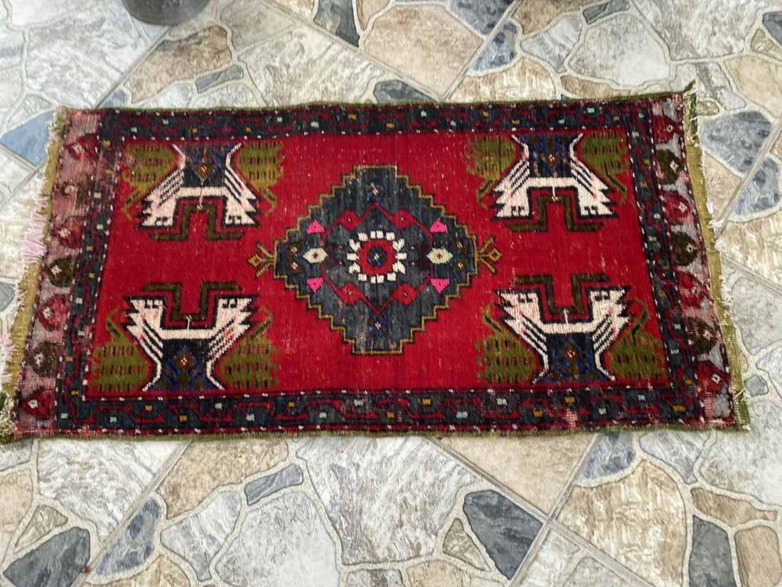 Vintage Turkish Wool Rug, Hand-Knotted Antique Geometric Oushak Small Runner 1x3