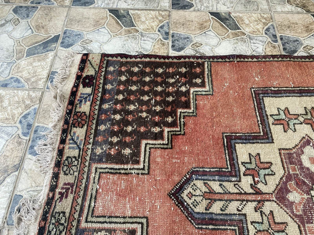 Geometric Turkish Vintage Rug,Farmhouse Vintage Anatolian Village Rug 3.6x7.8 ft