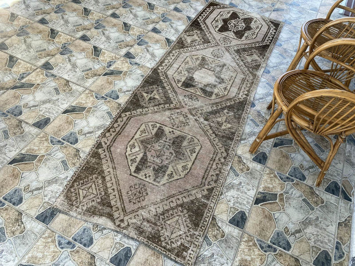 Vintage Handmade Turkish Runner Rug, 2.6x8.5 ft Brown Tribal Wool Hallway Carpet