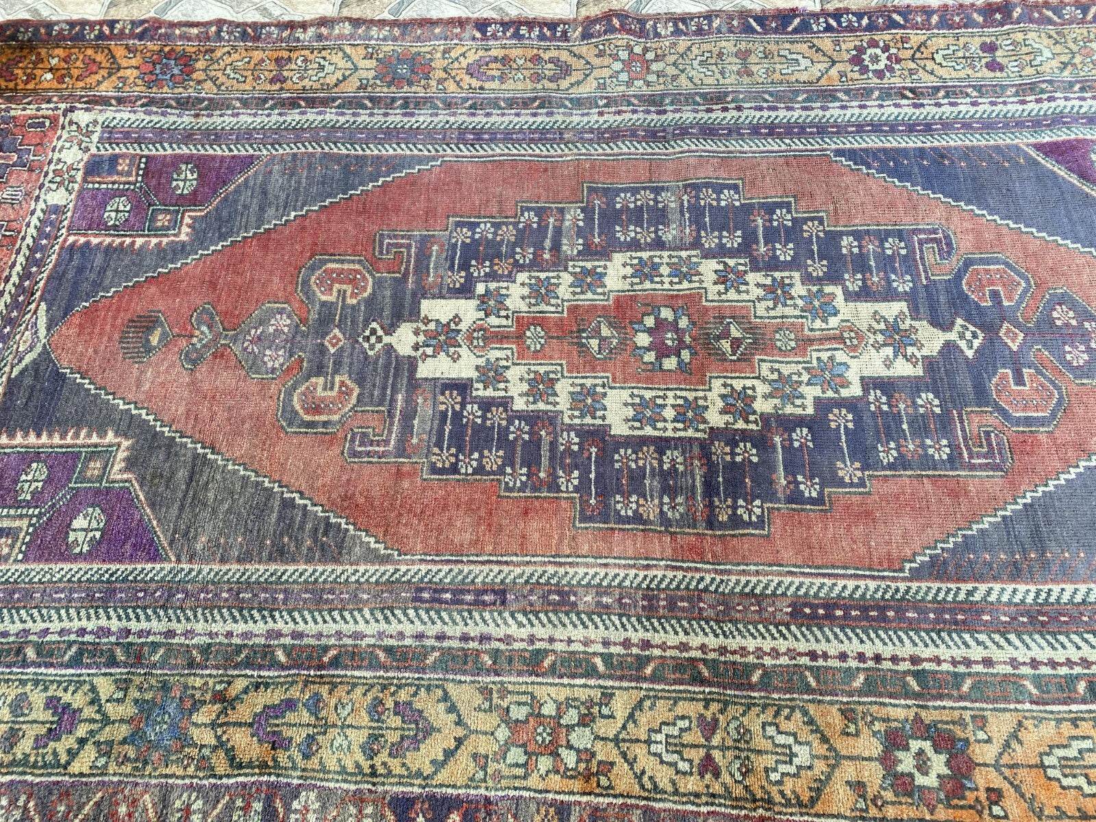 Vintage Turkish Wool Rug, Hand-Knotted Antique Geometric Oushak Area Rug 4x8 ft