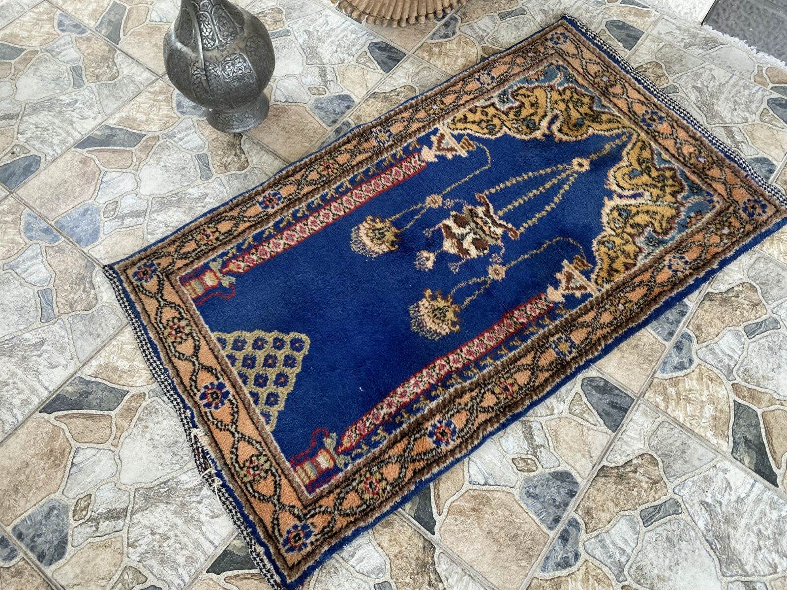 Blue Turkish Prayer Vintage Rug, 1990s Handmade Wool Geometric Farmhouse Small