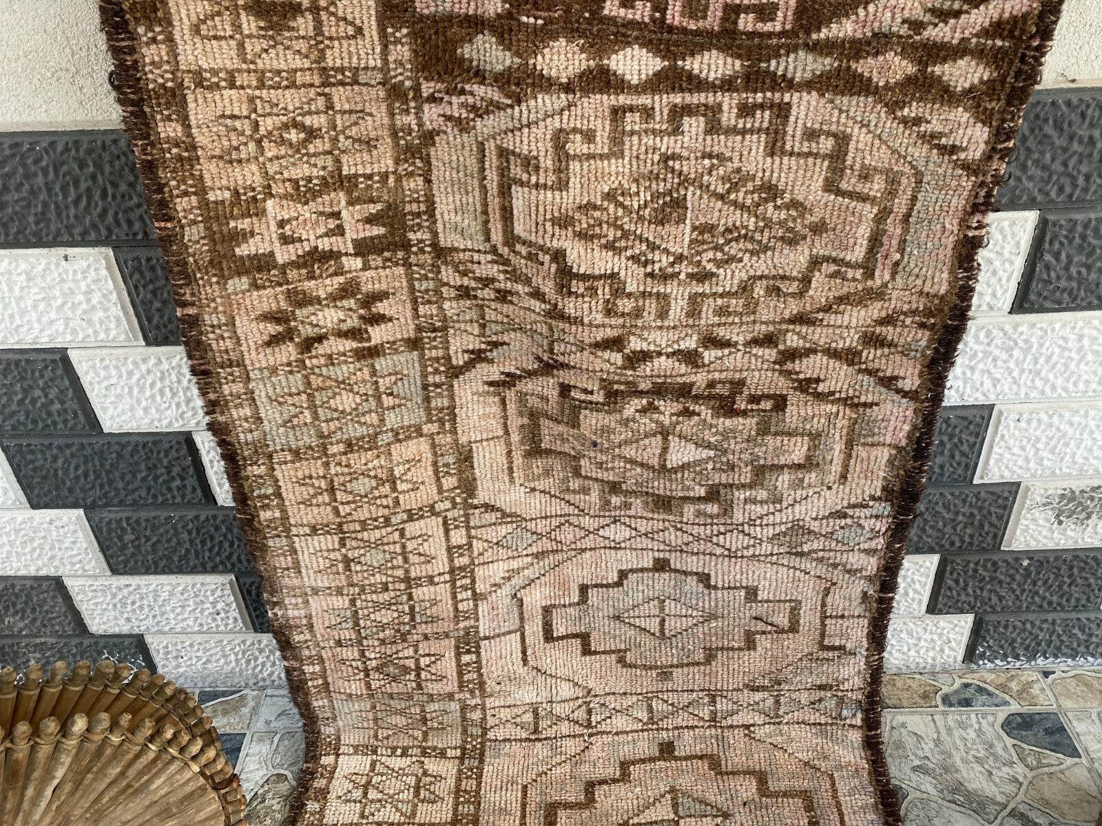 Vintage Kurdish Herki Rug | 1960s Brown Anatolian Hand-Knotted Wool Runner Rug